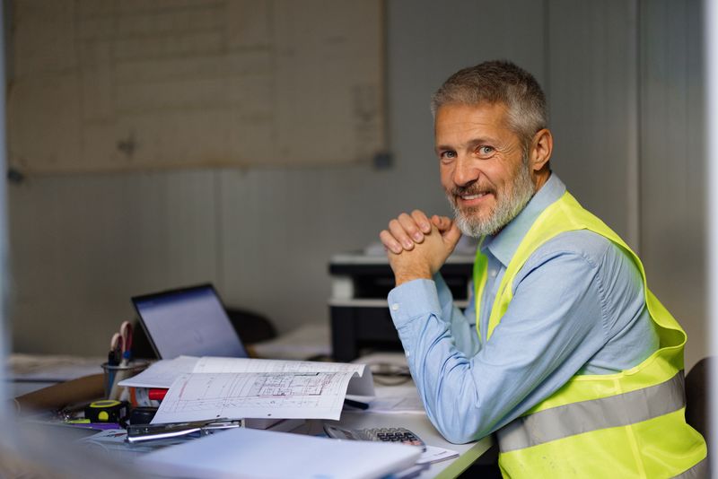 construction owner in green vest smiling